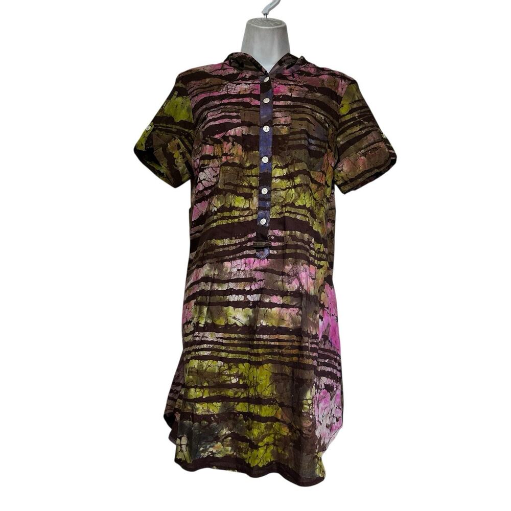 African Cowboy Tie Dye Boho Festival Indie Hippie Hooded Hoodie Shirt Dress M